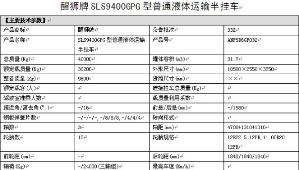 隨州力神醒獅牌SLS9400GPG型普通液體運輸半掛車整車參數 隨州力神醒獅牌SLS9400GPG型普通液體運輸半掛車整車參數
